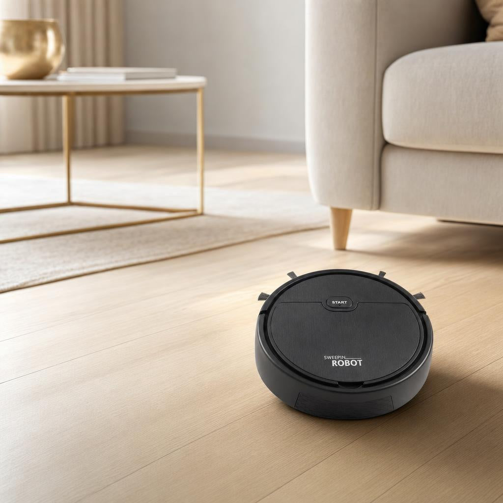 Aspiradora Robot Barredora limpiando un piso de madera en un living moderno
