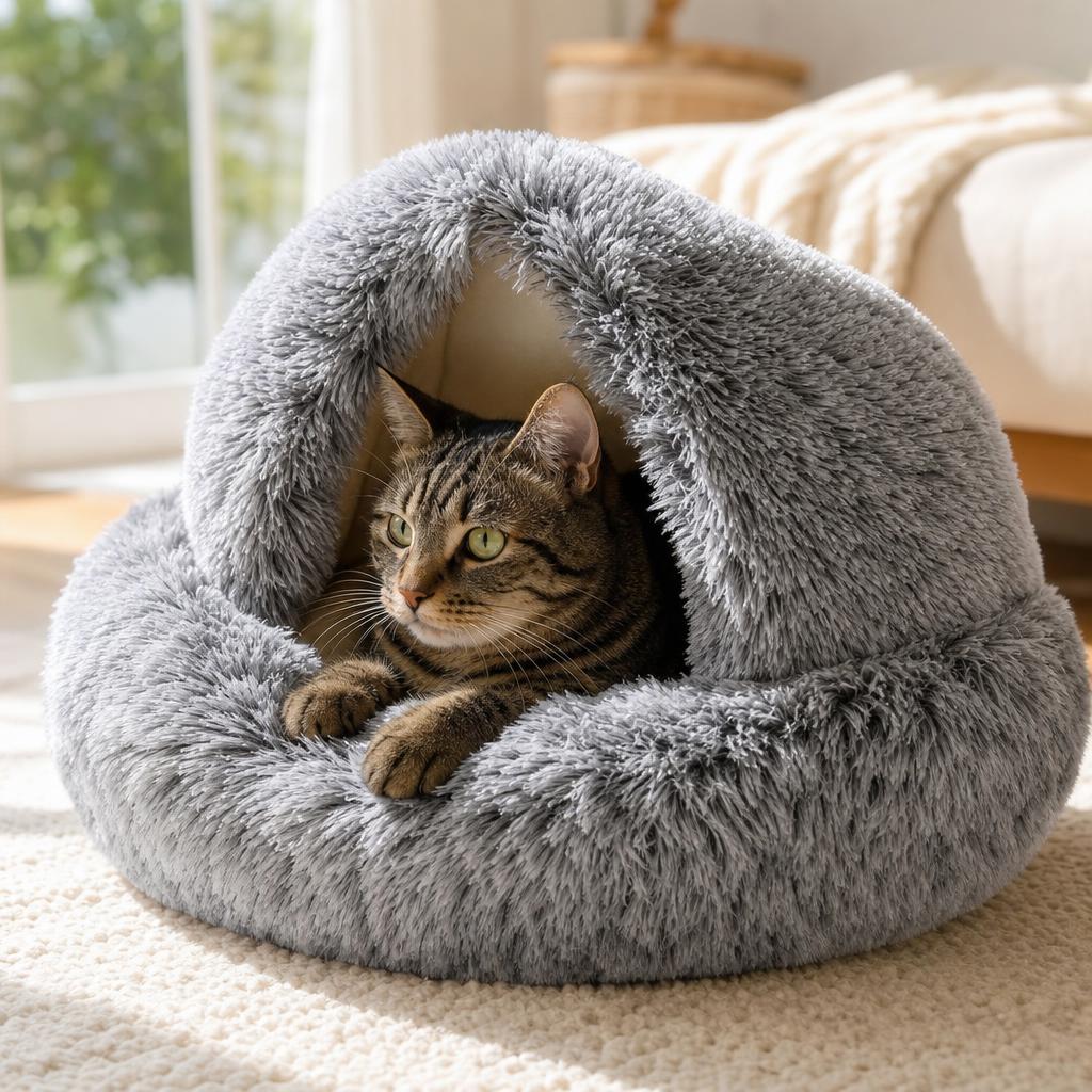 Cama cueva con mascota, otro angulo