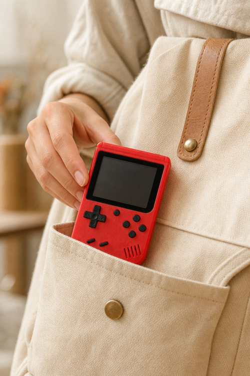 Consola retro roja guardada en el bolsillo de una mochila