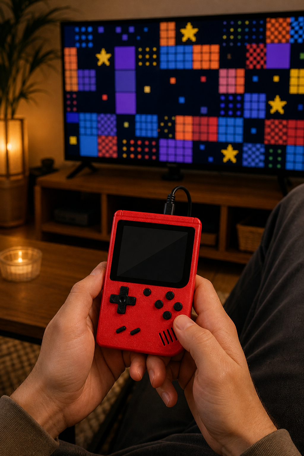 Consola retro roja conectada a un televisor por salida AV