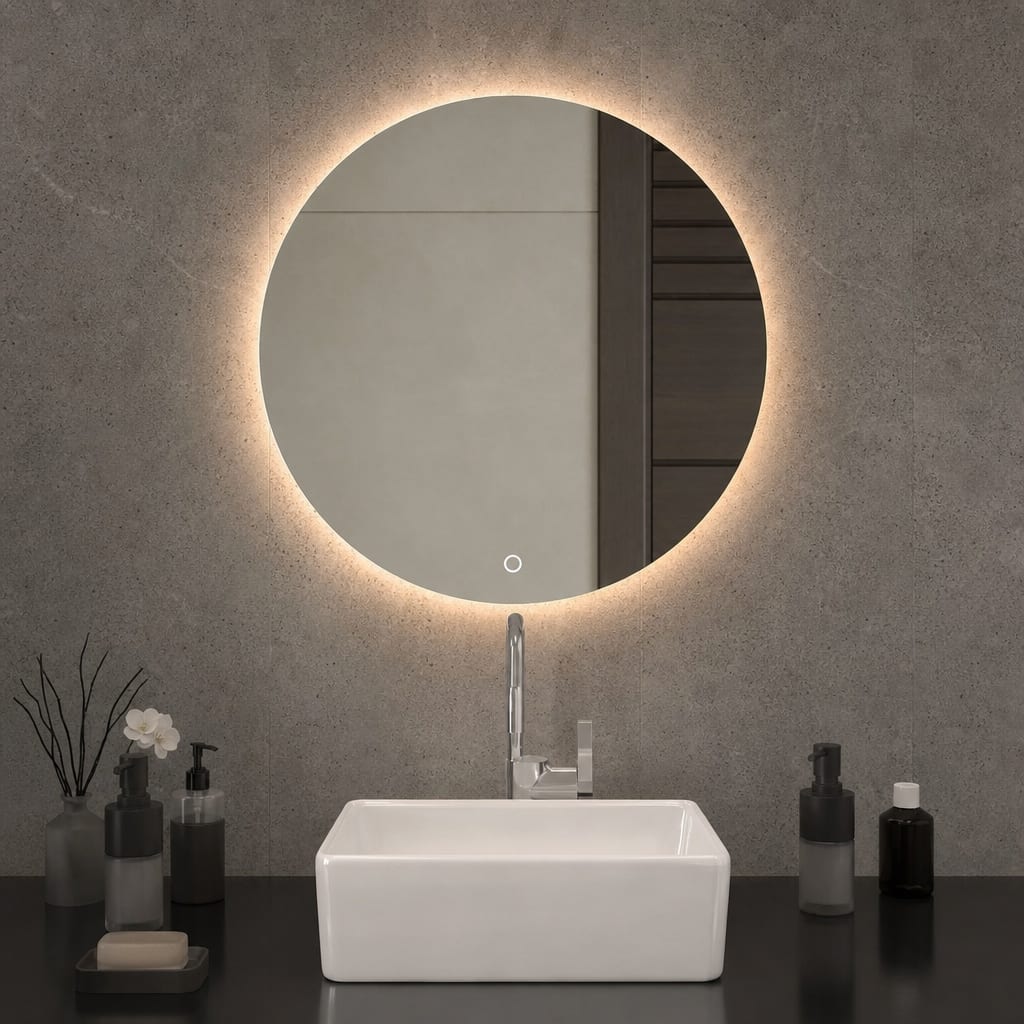 Espejo LED Circular con retroiluminación cálida sobre lavabo en baño moderno
